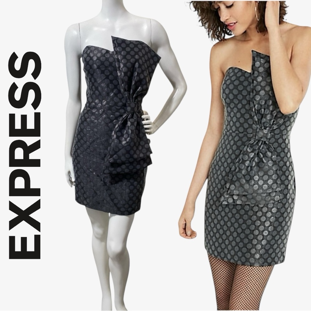 EXPRESS Black Metallic Gray Polka Dot Bow Strapless Formal Party Mini Dress 10
